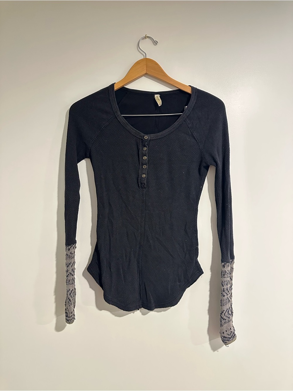 Free People Black Waffle Henley with Patterned Gray Sleeve Cuffs
